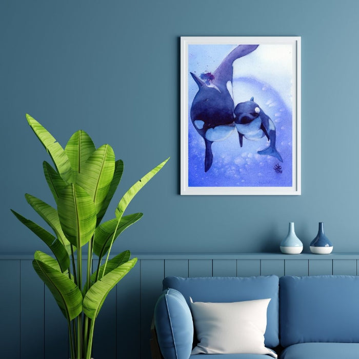 The artwork titled "Orcas: Mom and Me" is a whimsical watercolor painting of ocean creatures that celebrates the strong bond between an orca mother and her offspring. It's a great gift for Mother's Day or baby room. Watercolor painting by Sophie Xie Dream In Watercolor. This stunning painting is available as a print on my website, http://www.dreaminwatercolor.com
