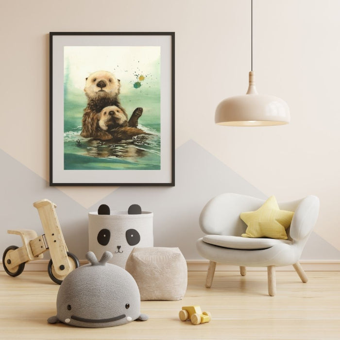 The artwork titled "Sea Otters: Mom and Me" features a cozy painting of a mother and baby sea otter floating in the turquoise sea. Watercolor painting by Sophie Xie Dream In Watercolor. This stunning painting is available as a print on my website, http://www.dreaminwatercolor.com