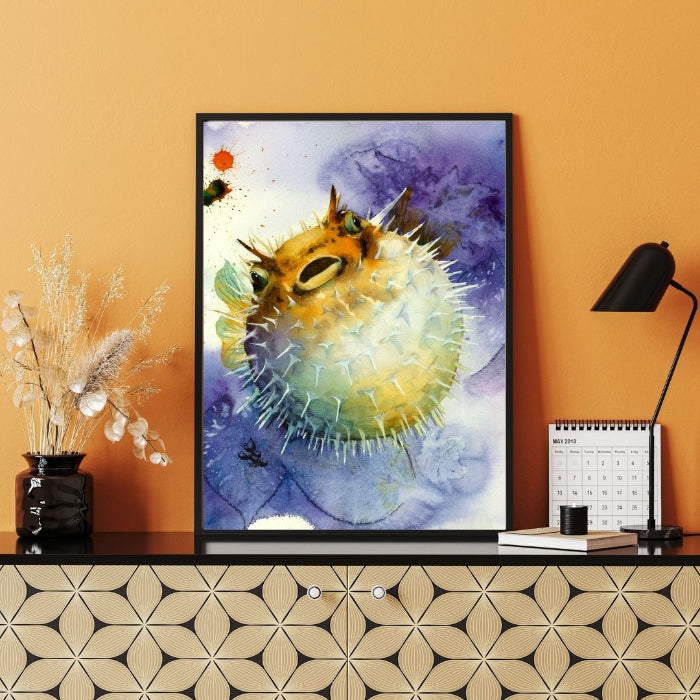The artwork titled "Pufferfish" showcases a vividly humorous and somewhat grouchy pufferfish, set against a captivating abstract background inspired by the beauty of nature. Watercolor painting by Sophie Xie Dream In Watercolor. This stunning painting is available as a print on my website, http://www.dreaminwatercolor.com