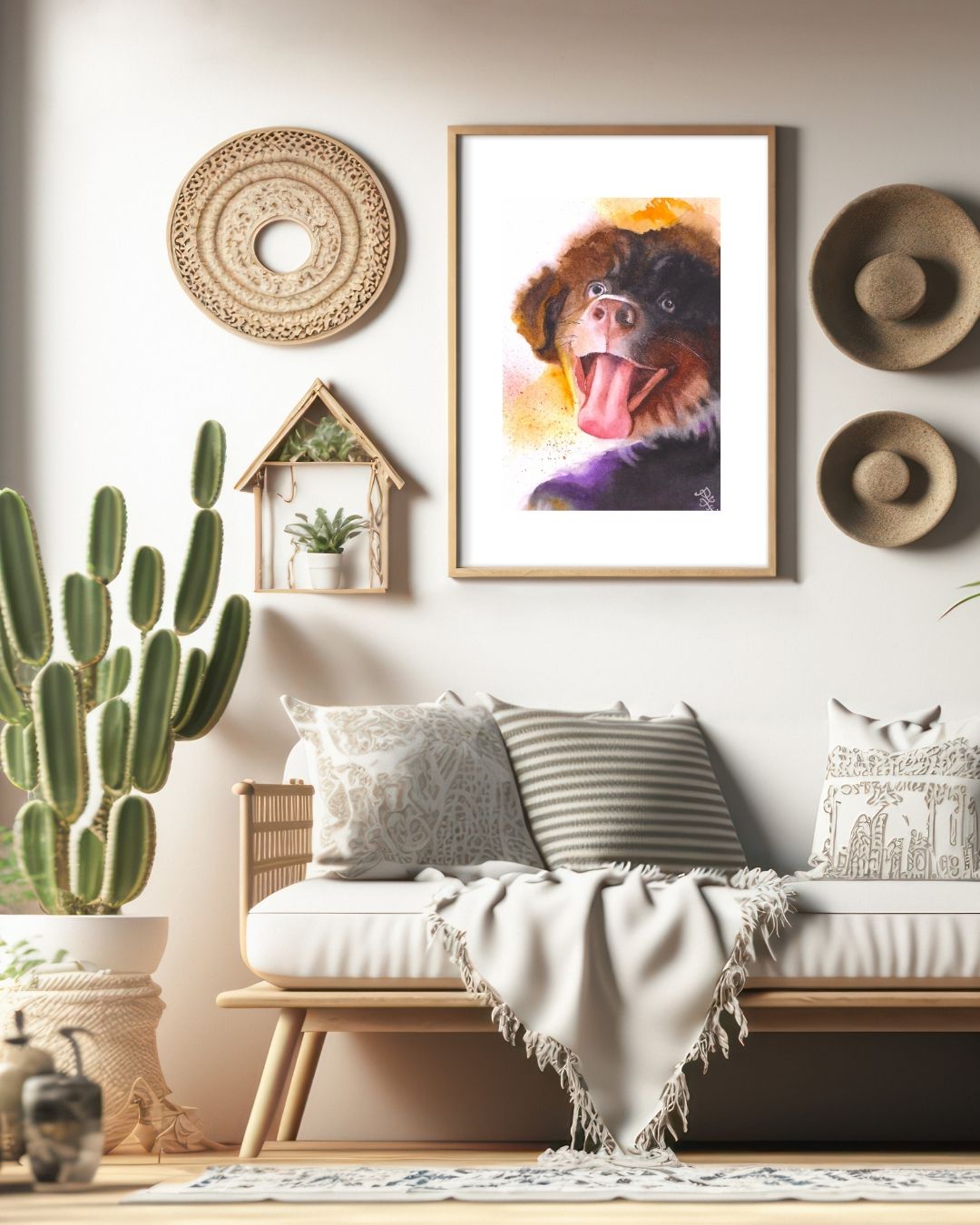 The "Puppy" painting captures the exuberance of a lively shaggy puppy. Its fluffy fur is a delightful mix of colors, and the puppy's eyes sparkle with joy. With its tongue lolling out and a wide, playful grin, the puppy radiates pure happiness, inviting the viewer to share in its infectious enthusiasm.