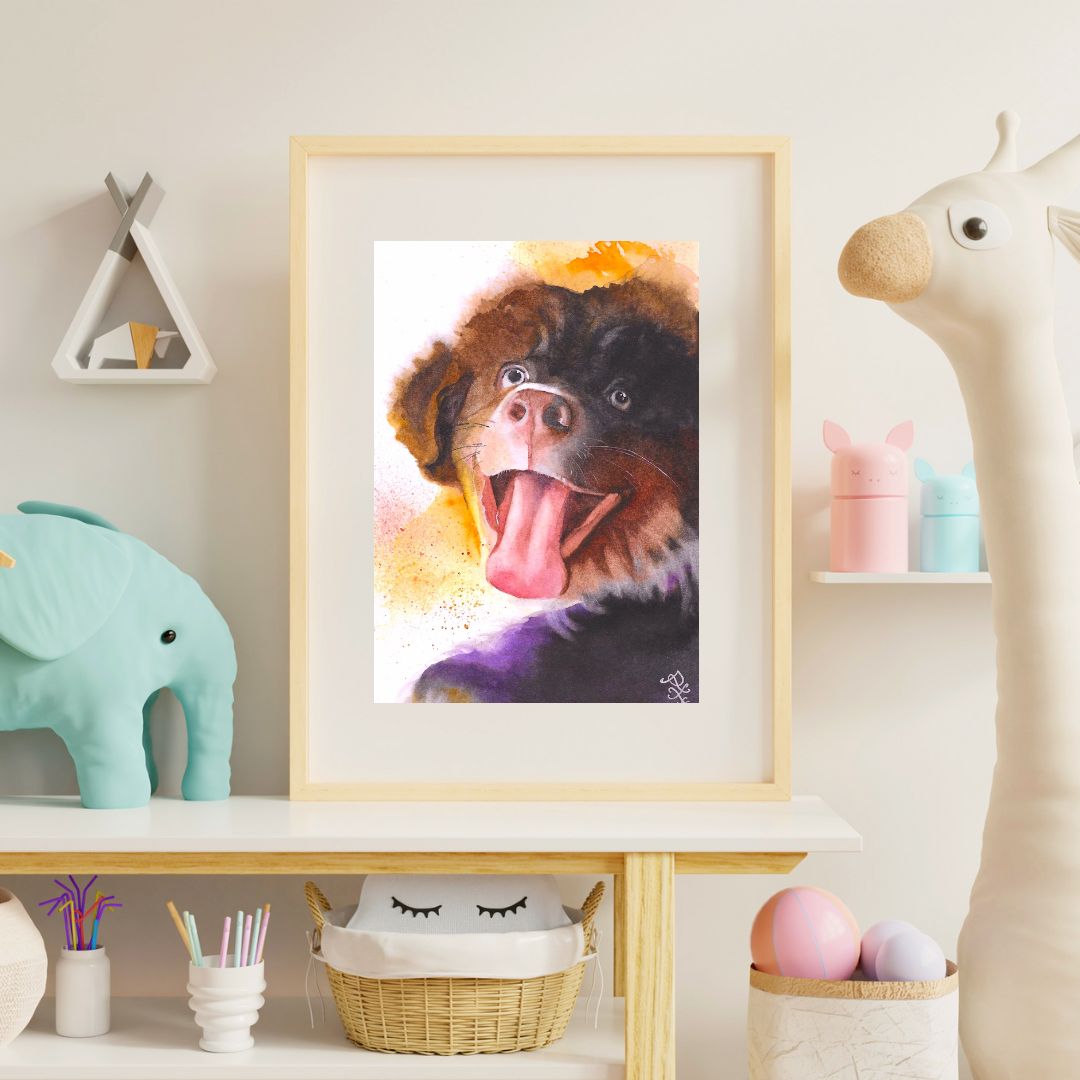 The "Puppy" painting captures the exuberance of a lively shaggy puppy. Its fluffy fur is a delightful mix of colors, and the puppy's eyes sparkle with joy. With its tongue lolling out and a wide, playful grin, the puppy radiates pure happiness, inviting the viewer to share in its infectious enthusiasm.