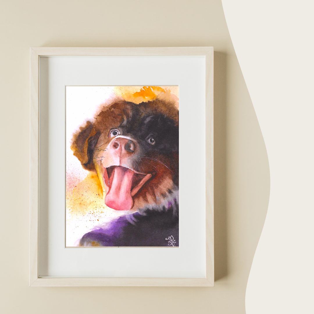 The "Puppy" painting captures the exuberance of a lively shaggy puppy. Its fluffy fur is a delightful mix of colors, and the puppy's eyes sparkle with joy. With its tongue lolling out and a wide, playful grin, the puppy radiates pure happiness, inviting the viewer to share in its infectious enthusiasm.