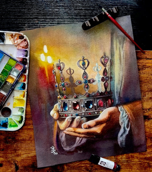 The artwork titled "Reign" vividly captures a medieval scene, immersing the viewer in an aura of intrigue and majesty. At the center of the composition lies a stunning jeweled crown, intricately designed and glimmering with the brilliance of precious stones, each facet reflecting the light in a dazzling display. This crown serves as a powerful symbol of sovereign authority, embodying the weight of leadership and the ultimate command to govern.