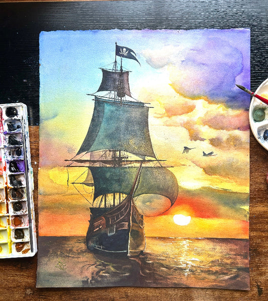 Pirate ship sunset sail away Watercolor painting by Sophie Xie Dream In Watercolor. This stunning painting is available as a print on my website, http://www.dreaminwatercolor.com