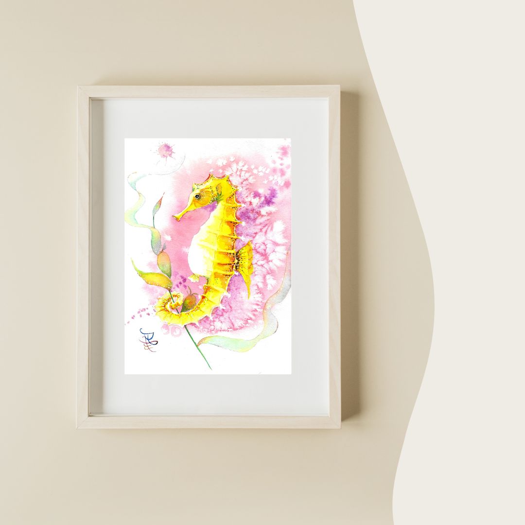 The artwork titled "Pink Octopus" vividly captures a whimsical, flamboyant seahorse, adorned with vibrant hues, as it playfully entwines itself with a flowing, ribbon-like sea plant.&nbsp;