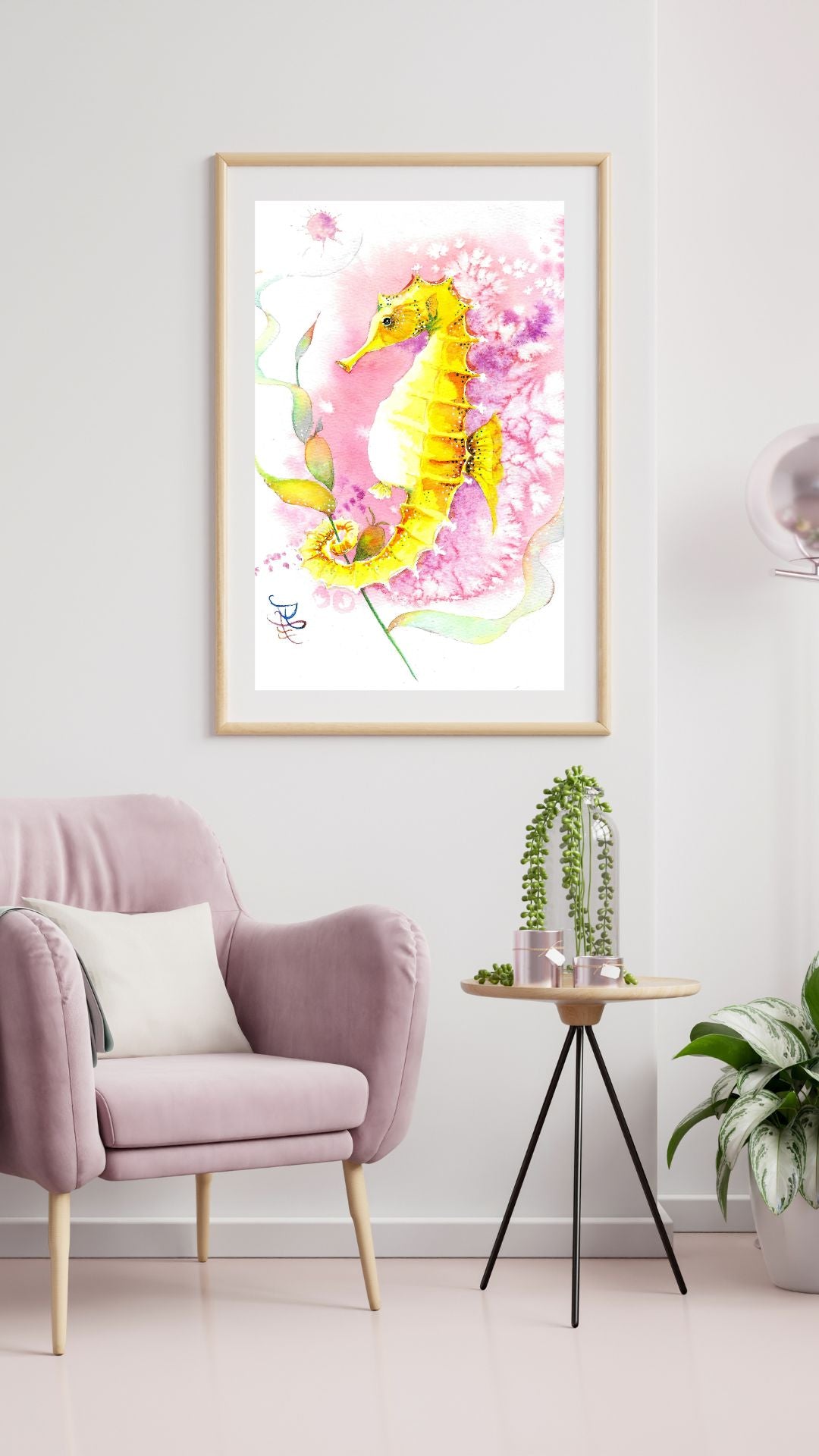 The artwork titled "Pink Octopus" vividly captures a whimsical, flamboyant seahorse, adorned with vibrant hues, as it playfully entwines itself with a flowing, ribbon-like sea plant.&nbsp;