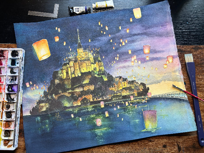 see the light Mont Saint Michel Watercolor painting by Sophie Xie Dream In Watercolor. This stunning painting is available as a print on my website, http://www.dreaminwatercolor.com