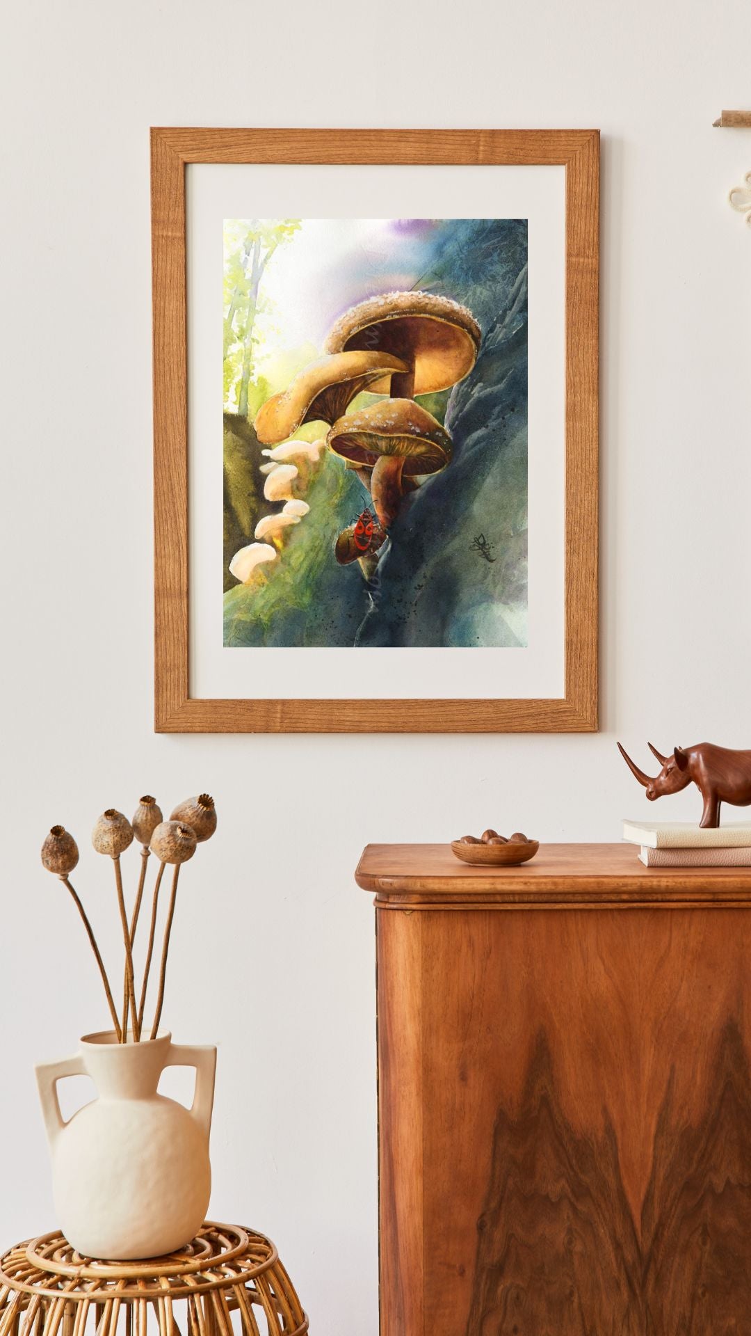 Illustration of mushrooms and a beetle on a rock with a natural background. Shiitake Watercolor painting by Sophie Xie Dream In Watercolor. This stunning painting is available as a print on my website, http://www.dreaminwatercolor.com.
