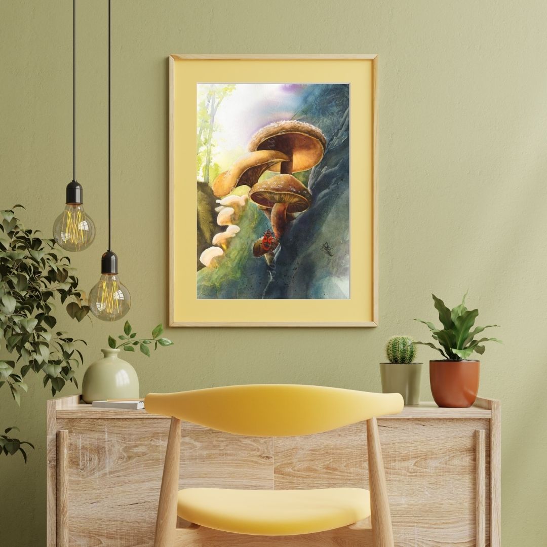 Illustration of mushrooms and a beetle on a rock with a natural background. Shiitake Watercolor painting by Sophie Xie Dream In Watercolor. This stunning painting is available as a print on my website, http://www.dreaminwatercolor.com.