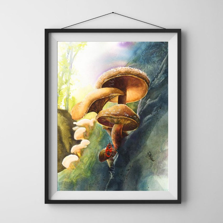 Illustration of mushrooms and a beetle on a rock with a natural background. Shiitake Watercolor painting by Sophie Xie Dream In Watercolor. This stunning painting is available as a print on my website, http://www.dreaminwatercolor.com.