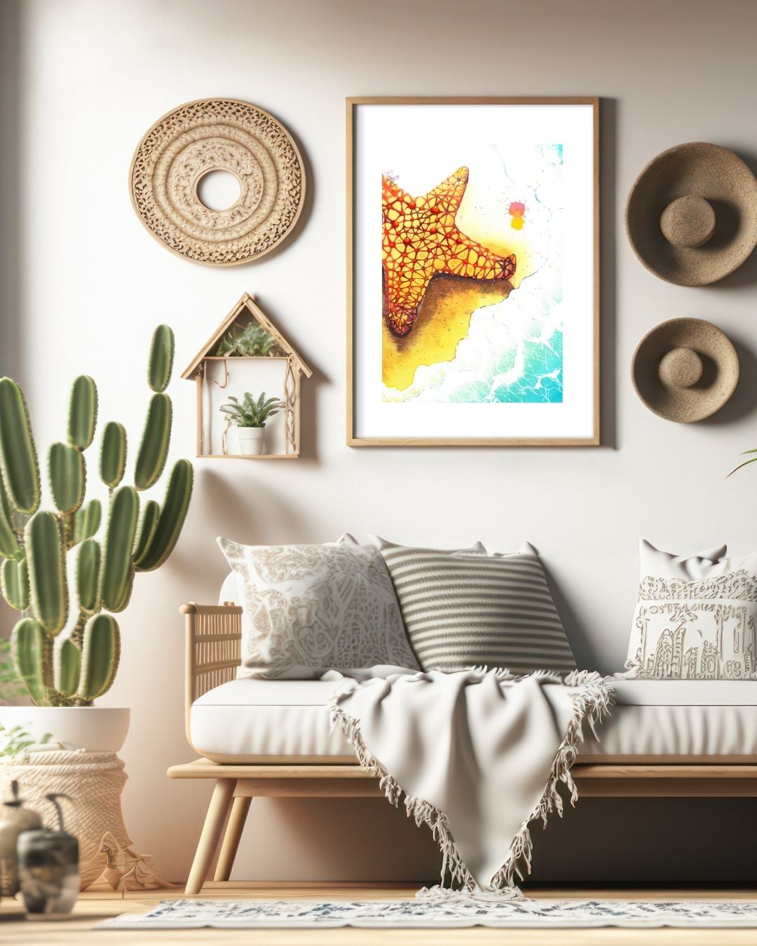 The artwork titled "Starfish" features a stunningly vibrant starfish, adorned with brilliant hues of yellow and red, gracefully positioned on a soft, foamy beach. The intricate details of the starfish contrast beautifully against the shimmering sand, inviting viewers to appreciate the beauty of nature's artistry.