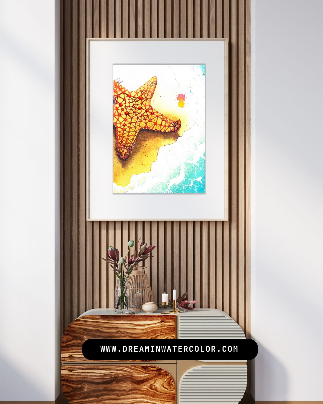 The artwork titled "Starfish" features a stunningly vibrant starfish, adorned with brilliant hues of yellow and red, gracefully positioned on a soft, foamy beach. The intricate details of the starfish contrast beautifully against the shimmering sand, inviting viewers to appreciate the beauty of nature's artistry.