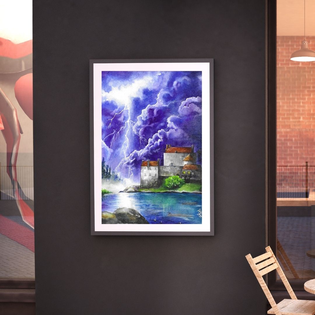 The artwork titled "Storm" vividly captures a medieval castle perched on the shores of a dark lake, as ominous storm clouds gather overhead. The scene is further intensified by streaks of bright lightning that cleave through the sky, illuminating the castle's stone walls. The atmosphere is charged with a sense of drama and power, reflecting the raw forces of nature at play.