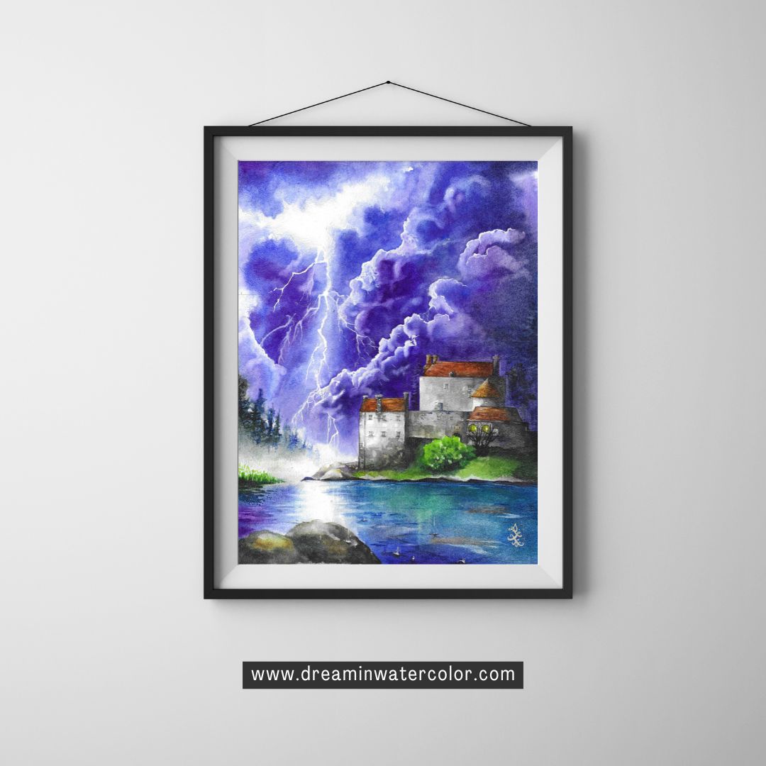 The artwork titled "Storm" vividly captures a medieval castle perched on the shores of a dark lake, as ominous storm clouds gather overhead. The scene is further intensified by streaks of bright lightning that cleave through the sky, illuminating the castle's stone walls. The atmosphere is charged with a sense of drama and power, reflecting the raw forces of nature at play.