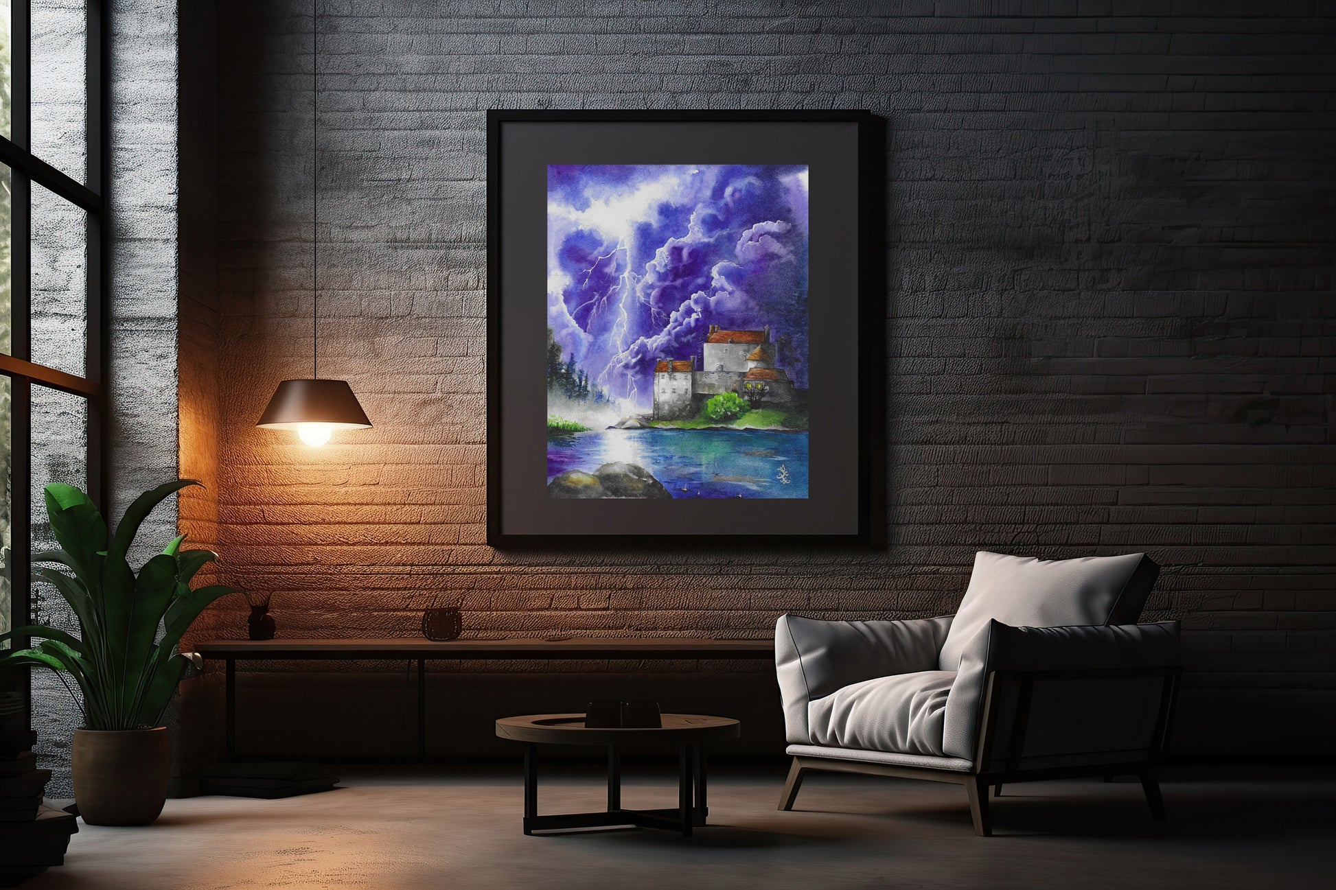 The artwork titled "Storm" vividly captures a medieval castle perched on the shores of a dark lake, as ominous storm clouds gather overhead. The scene is further intensified by streaks of bright lightning that cleave through the sky, illuminating the castle's stone walls. The atmosphere is charged with a sense of drama and power, reflecting the raw forces of nature at play.