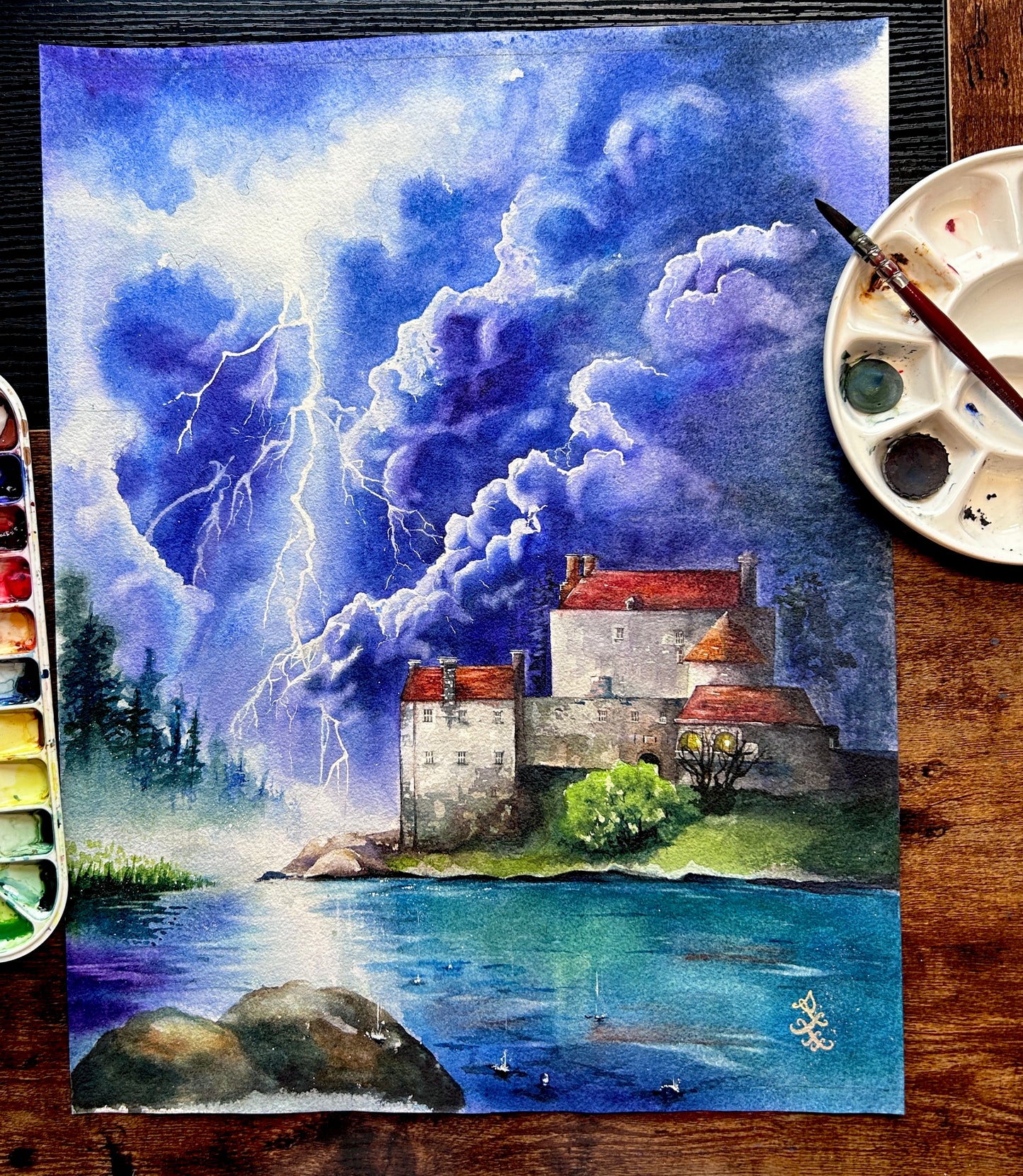 The artwork titled "Storm" vividly captures a medieval castle perched on the shores of a dark lake, as ominous storm clouds gather overhead. The scene is further intensified by streaks of bright lightning that cleave through the sky, illuminating the castle's stone walls. The atmosphere is charged with a sense of drama and power, reflecting the raw forces of nature at play.