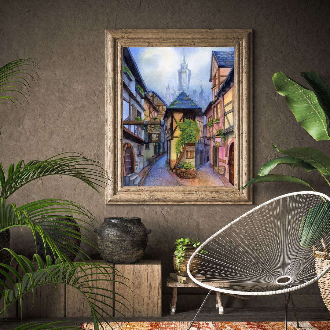 The artwork titled "Stormwind" medieval street depicted in the piece is inspired by the charming French town of Eguisheim, located in the Alsace region. Watercolor painting by Sophie Xie Dream In Watercolor. This stunning painting is available as a print on my website, http://www.dreaminwatercolor.com