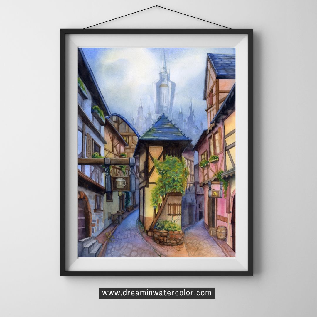 The artwork titled "Stormwind" medieval street depicted in the piece is inspired by the charming French town of Eguisheim, located in the Alsace region. Watercolor painting by Sophie Xie Dream In Watercolor. This stunning painting is available as a print on my website, http://www.dreaminwatercolor.com