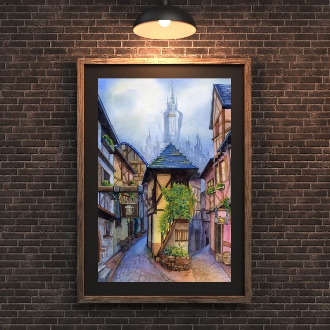 The artwork titled "Stormwind" medieval street depicted in the piece is inspired by the charming French town of Eguisheim, located in the Alsace region. Watercolor painting by Sophie Xie Dream In Watercolor. This stunning painting is available as a print on my website, http://www.dreaminwatercolor.com