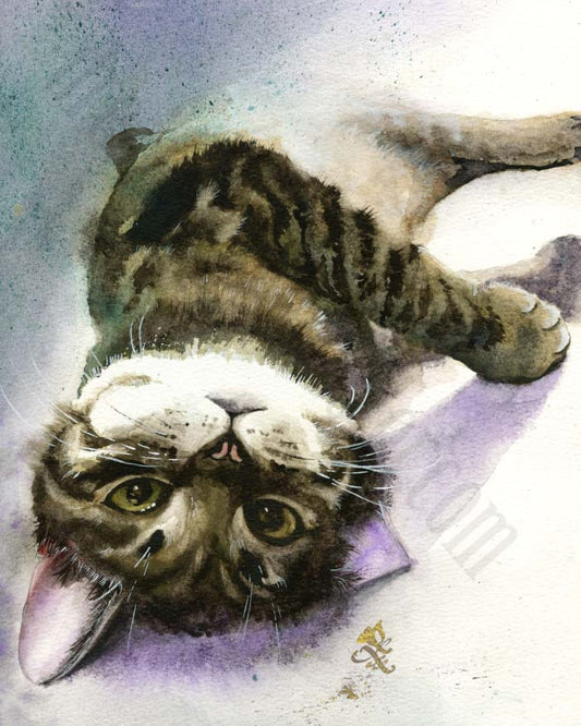 Artistic depiction of a cat lying down with a watercolor background Watercolor painting by Sophie Xie Dream In Watercolor. This stunning painting is available as a print on my website, http://www.dreaminwatercolor.com