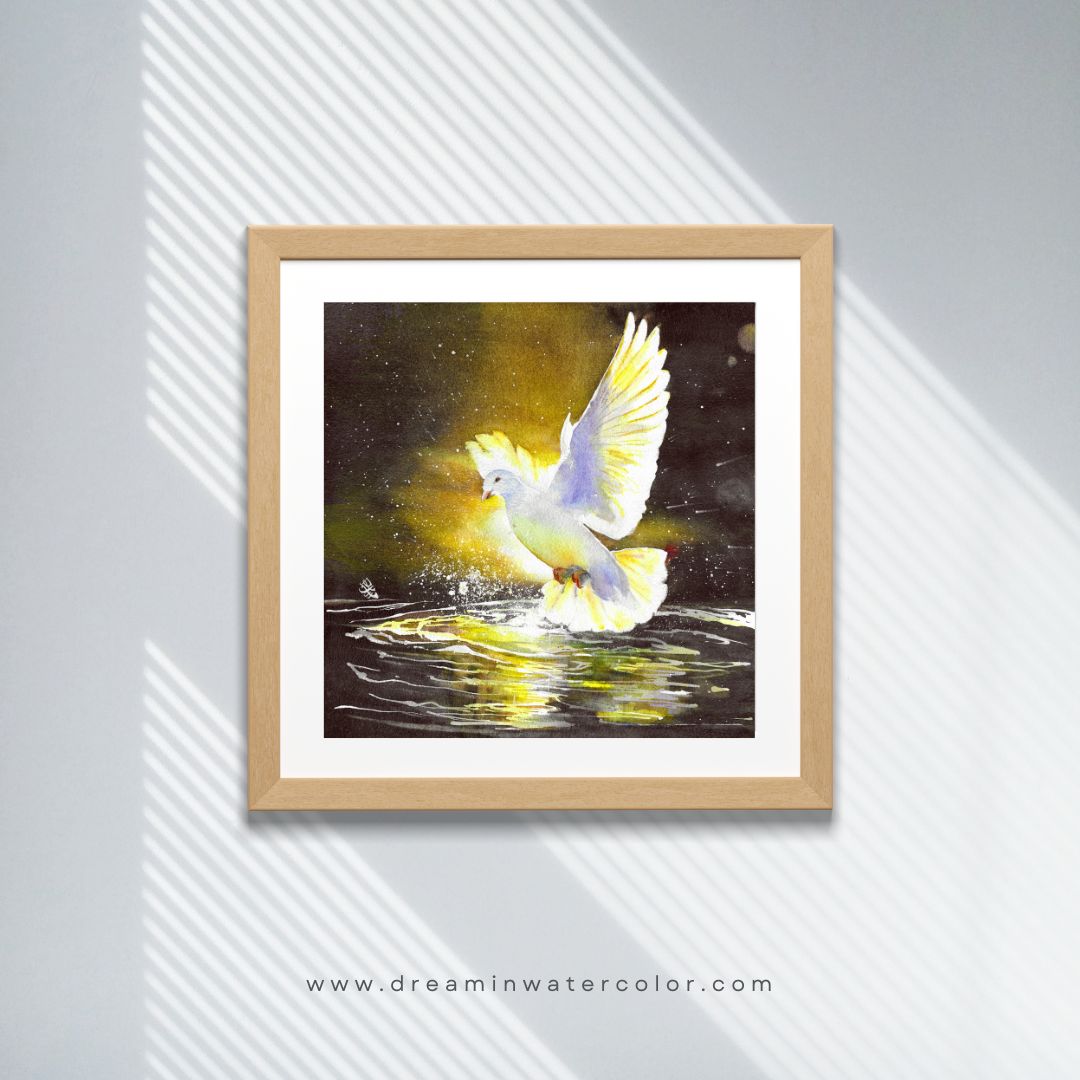 The artwork "Touched By Spirit" beautifully illustrates a serene white dove gracefully gliding above a tranquil pond. As its delicate wings slice through the air, the dove dips down to touch the water's still surface, sending ripples radiating outward and creating a lively explosion of droplets that shimmer in the light. The scene captures a moment of pure elegance and connection between the bird and the water, evoking a sense of peace and harmony in nature and divine force.