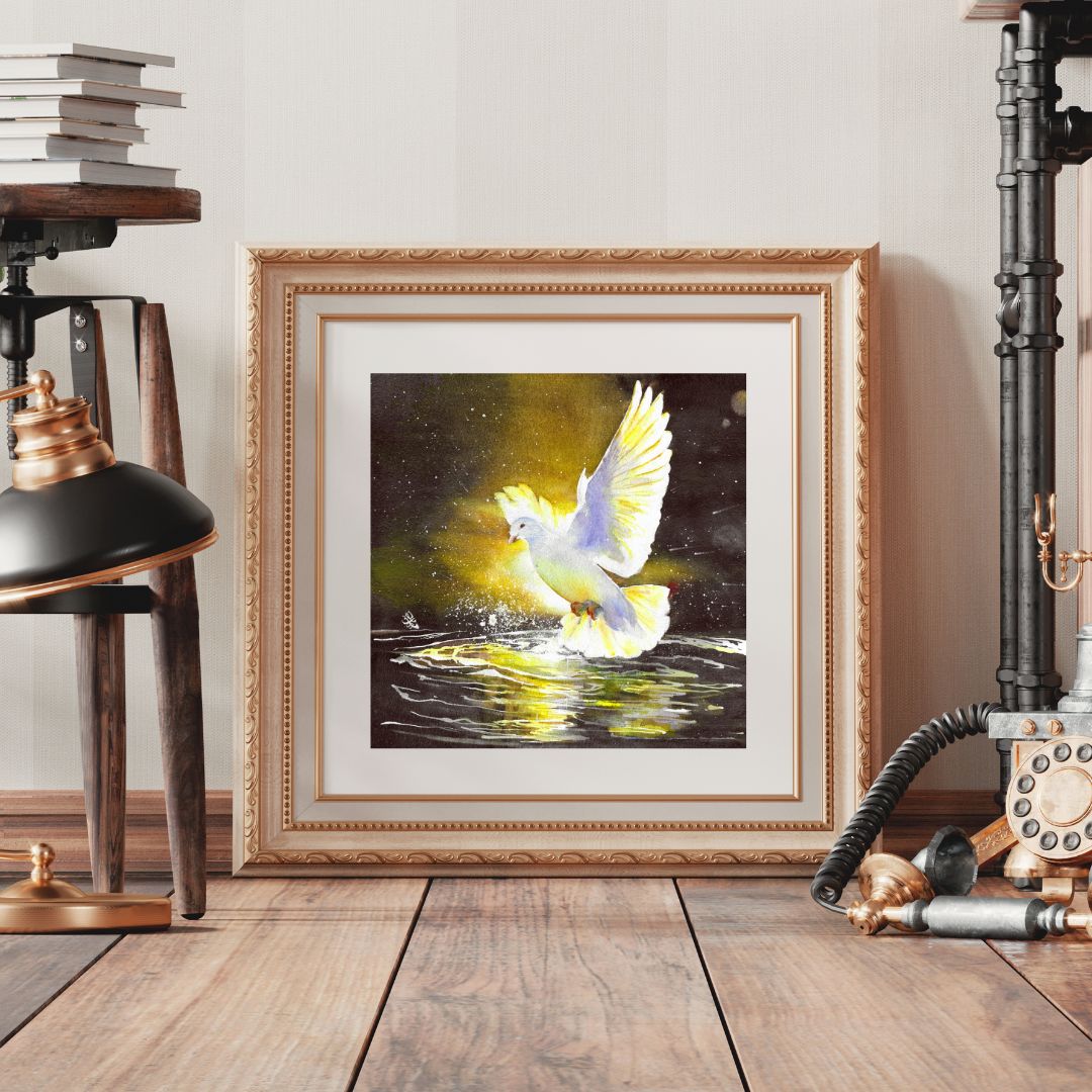 The artwork "Touched By Spirit" beautifully illustrates a serene white dove gracefully gliding above a tranquil pond. As its delicate wings slice through the air, the dove dips down to touch the water's still surface, sending ripples radiating outward and creating a lively explosion of droplets that shimmer in the light. The scene captures a moment of pure elegance and connection between the bird and the water, evoking a sense of peace and harmony in nature and divine force.
