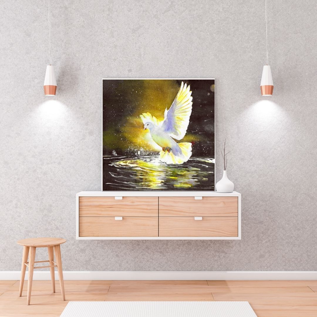 The artwork "Touched By Spirit" beautifully illustrates a serene white dove gracefully gliding above a tranquil pond. As its delicate wings slice through the air, the dove dips down to touch the water's still surface, sending ripples radiating outward and creating a lively explosion of droplets that shimmer in the light. The scene captures a moment of pure elegance and connection between the bird and the water, evoking a sense of peace and harmony in nature and divine force.
