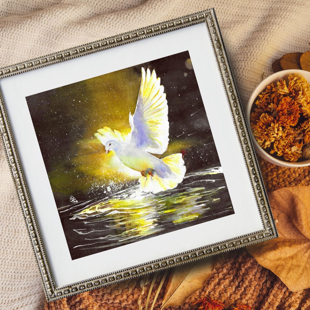 The artwork "Touched By Spirit" beautifully illustrates a serene white dove gracefully gliding above a tranquil pond. As its delicate wings slice through the air, the dove dips down to touch the water's still surface, sending ripples radiating outward and creating a lively explosion of droplets that shimmer in the light. The scene captures a moment of pure elegance and connection between the bird and the water, evoking a sense of peace and harmony in nature and divine force.