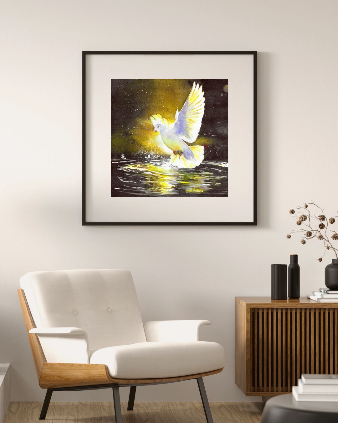 The artwork "Touched By Spirit" beautifully illustrates a serene white dove gracefully gliding above a tranquil pond. As its delicate wings slice through the air, the dove dips down to touch the water's still surface, sending ripples radiating outward and creating a lively explosion of droplets that shimmer in the light. The scene captures a moment of pure elegance and connection between the bird and the water, evoking a sense of peace and harmony in nature and divine force.