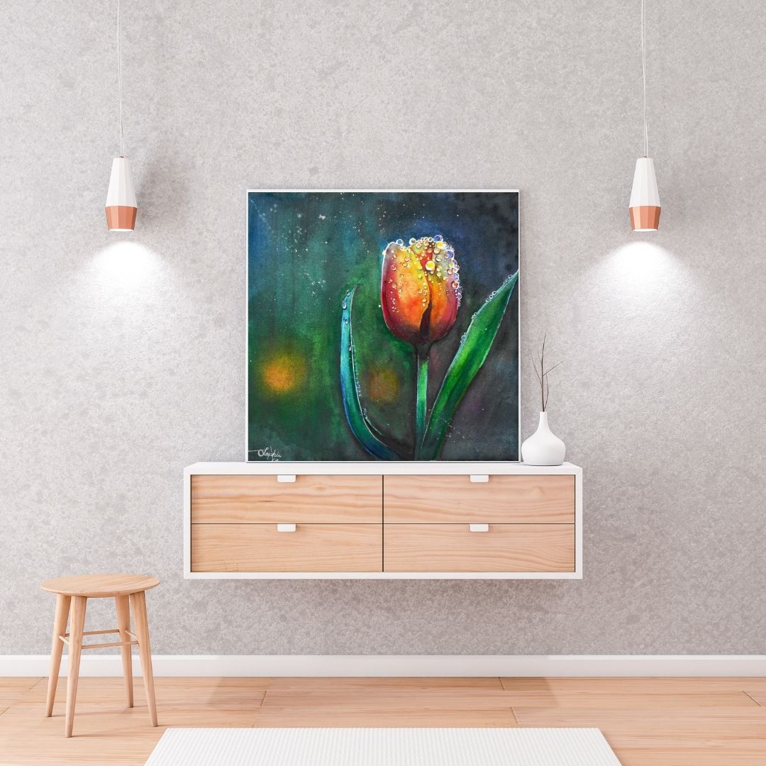 The artwork titled "Tulip" beautifully captures a half-bloomed tulip, its delicate petals unfolding gracefully. The flower is adorned with shimmering raindrops that cling to its surface, reflecting light and creating a sparkling effect that enhances the vibrant hues of the petals. The scene evokes a sense of freshness and vitality, celebrating the beauty of nature in a single moment.