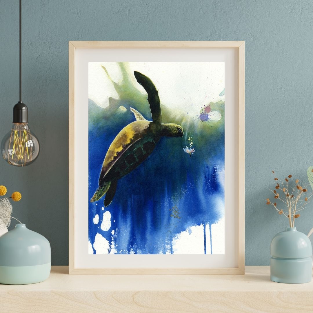 Artistic depiction of a turtle swimming in water with abstract colors. Watercolor painting by Sophie Xie Dream In Watercolor. This stunning painting is available as a print on my website, http://www.dreaminwatercolor.com