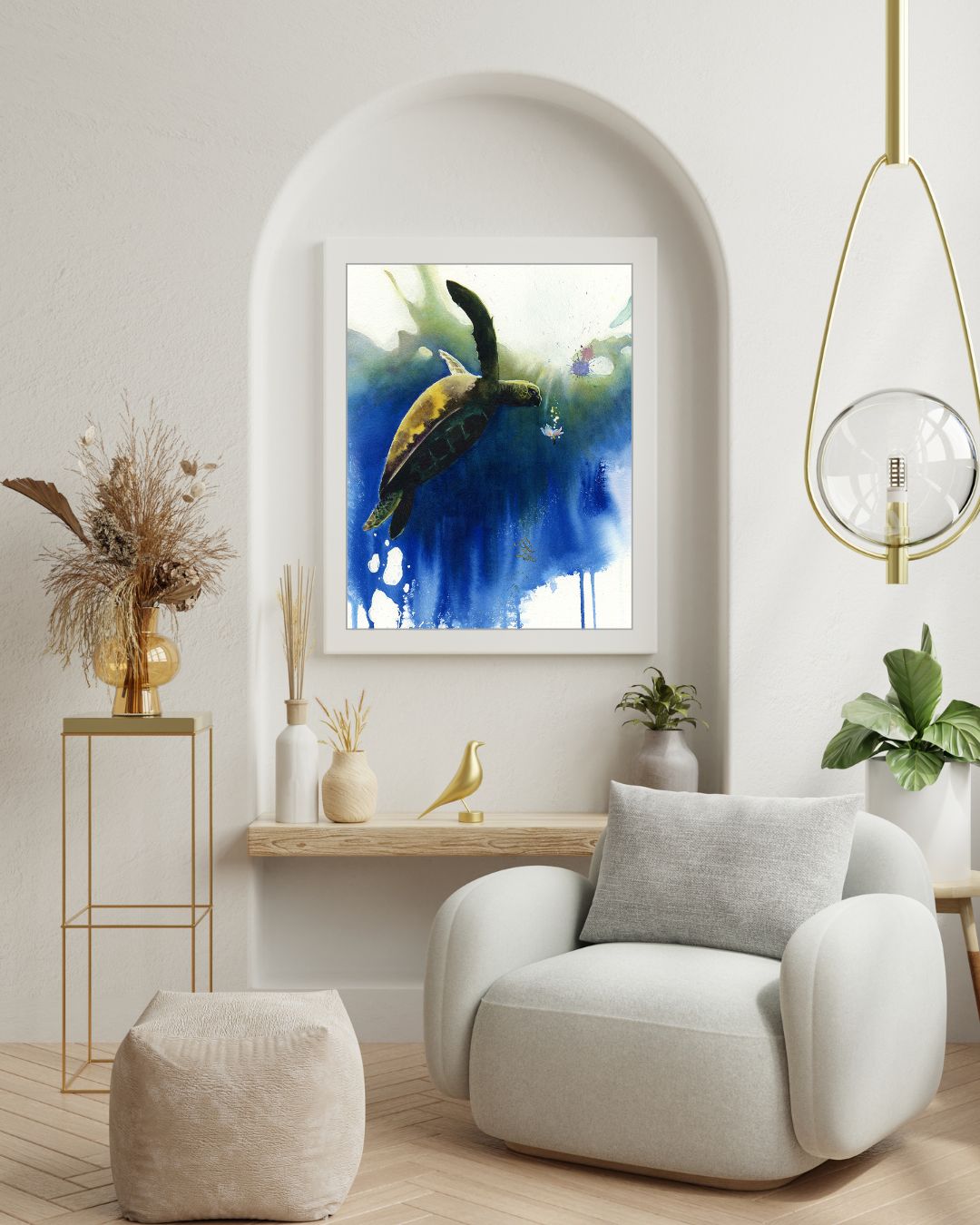 Artistic depiction of a turtle swimming in water with abstract colors. Watercolor painting by Sophie Xie Dream In Watercolor. This stunning painting is available as a print on my website, http://www.dreaminwatercolor.com