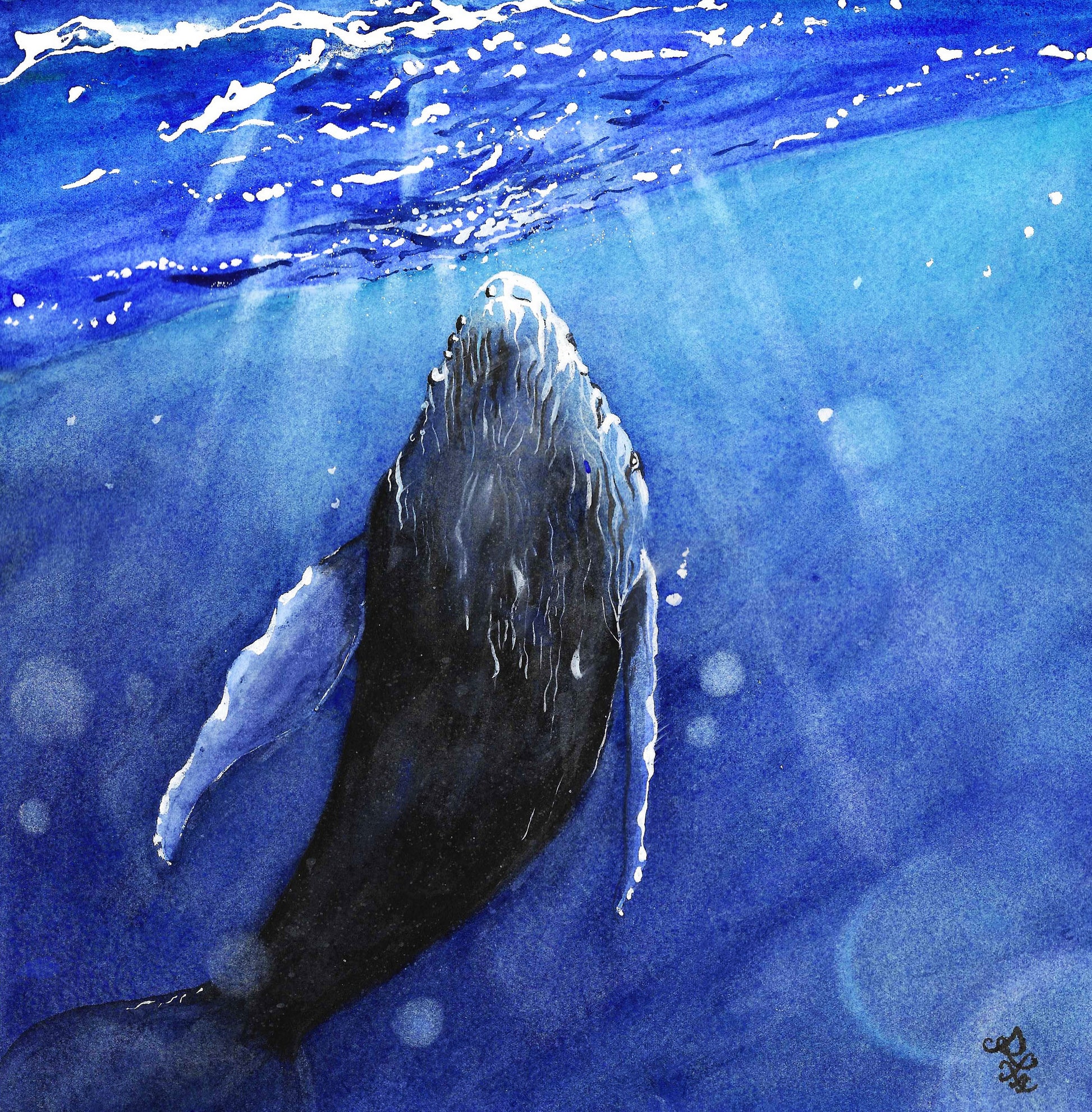 The artwork titled "Whale" vividly illustrates a majestic whale gracefully interacting with the shimmering light that dances across the ocean's surface. The waves gently ripple around it, enhancing the serene and magical atmosphere of this aquatic moment.