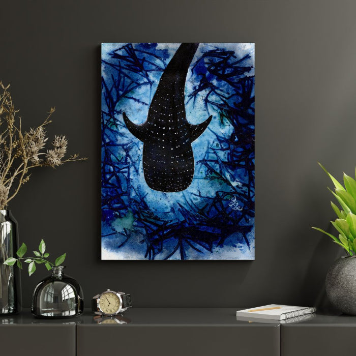 The artwork titled "Whale Shark" features a stunning watercolor painting that vividly depicts a majestic whale shark gliding gracefully through a lush underwater landscape. Watercolor painting by Sophie Xie Dream In Watercolor. This stunning painting is available as a print on my website, http://www.dreaminwatercolor.com