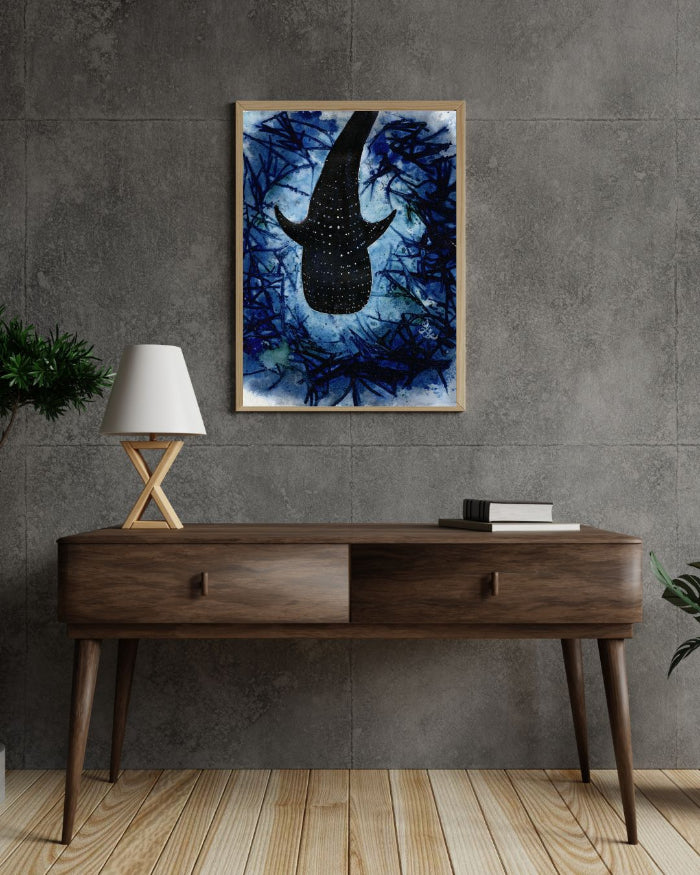 The artwork titled "Whale Shark" features a stunning watercolor painting that vividly depicts a majestic whale shark gliding gracefully through a lush underwater landscape. Watercolor painting by Sophie Xie Dream In Watercolor. This stunning painting is available as a print on my website, http://www.dreaminwatercolor.com