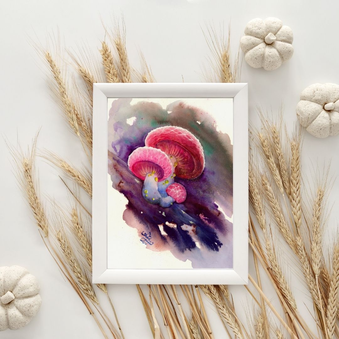 wrinkled peach mushroom Watercolor painting by Sophie Xie Dream In Watercolor. This stunning painting is available as a print on my website, http://www.dreaminwatercolor.com