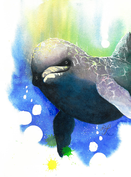 The artwork titled "Dolphin" vividly captures a whimsical, child-like dolphin gracefully diving into the shimmering blue depths of the ocean. With its expressive eyes directed toward the viewer, the dolphin exudes a sense of playful curiosity, inviting us to share in its underwater adventure.&nbsp;