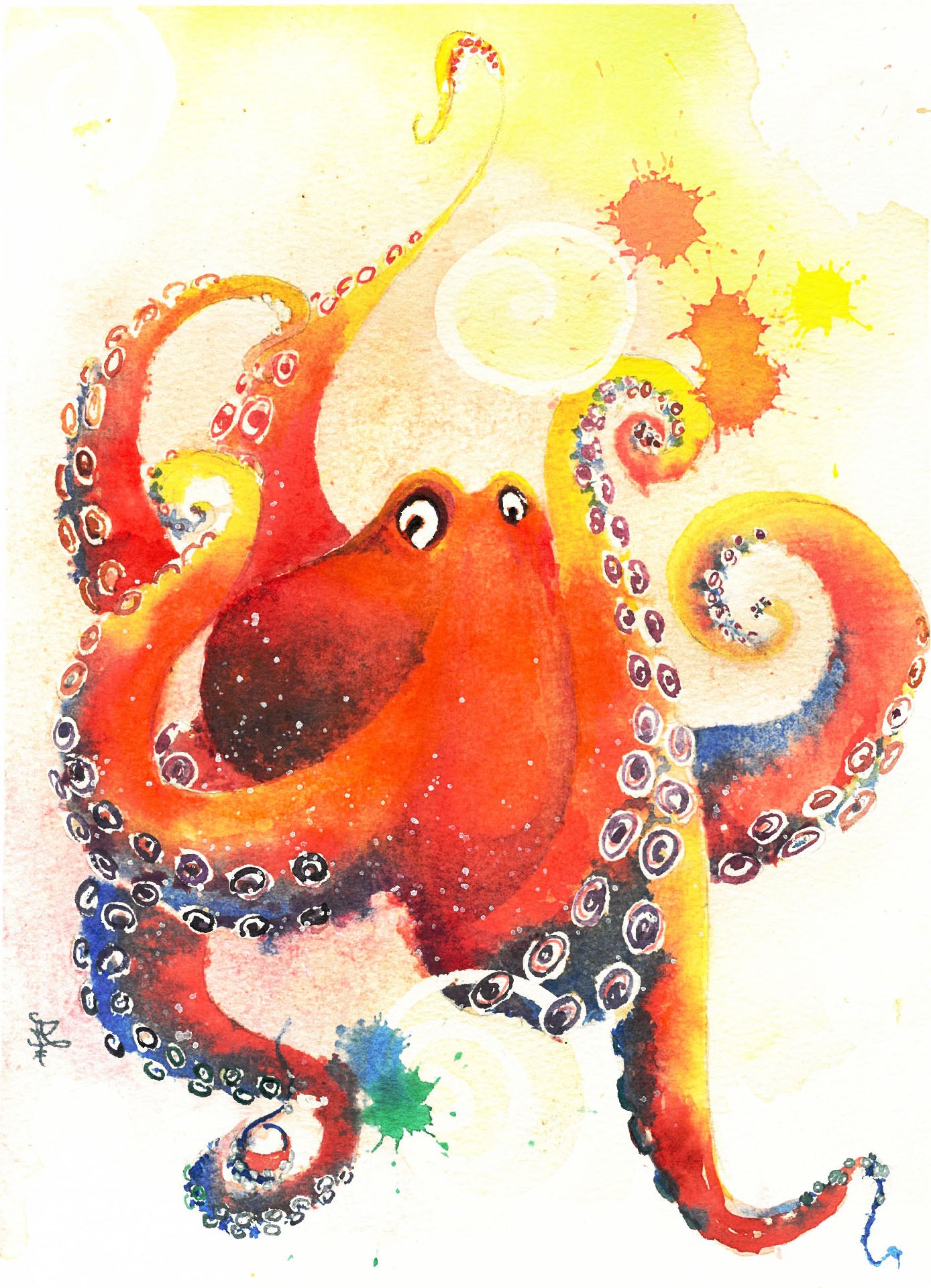 The artwork titled "Octopus" beautifully captures a vibrant orange-red octopus, playfully blowing bubbles. The octopus's limbs are elegantly curled and stretched, adding a sense of movement and liveliness to the piece.&nbsp;