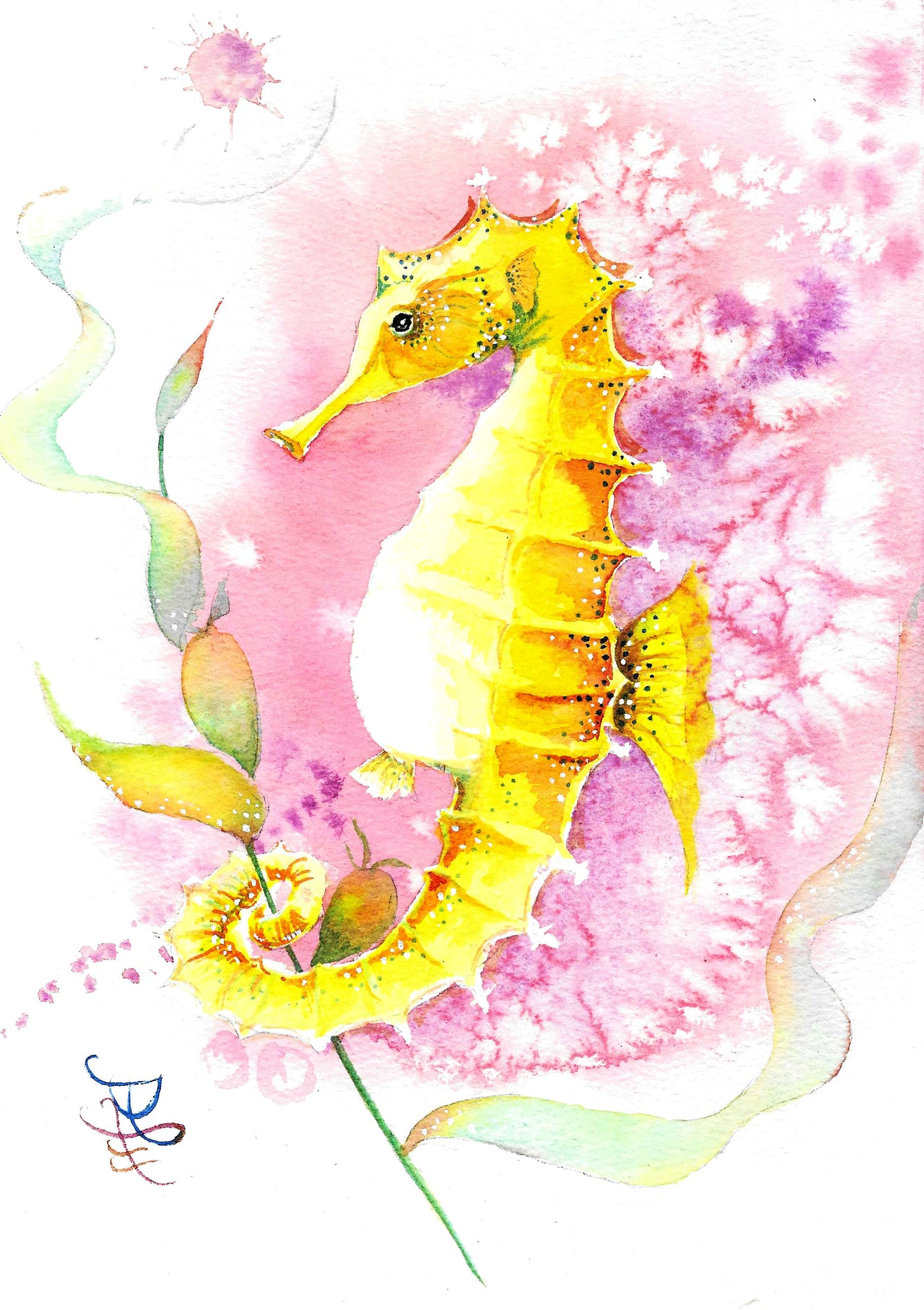 The artwork titled "Pink Octopus" vividly captures a whimsical, flamboyant seahorse, adorned with vibrant hues, as it playfully entwines itself with a flowing, ribbon-like sea plant.&nbsp;